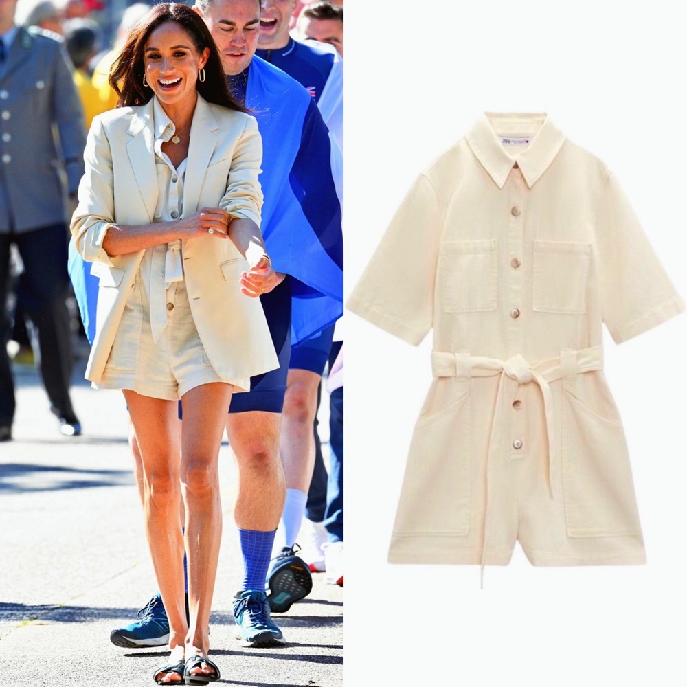 Zara ‘Belted Short Playsuit’ in “Ecru” Size XS ASO Meghan Markle